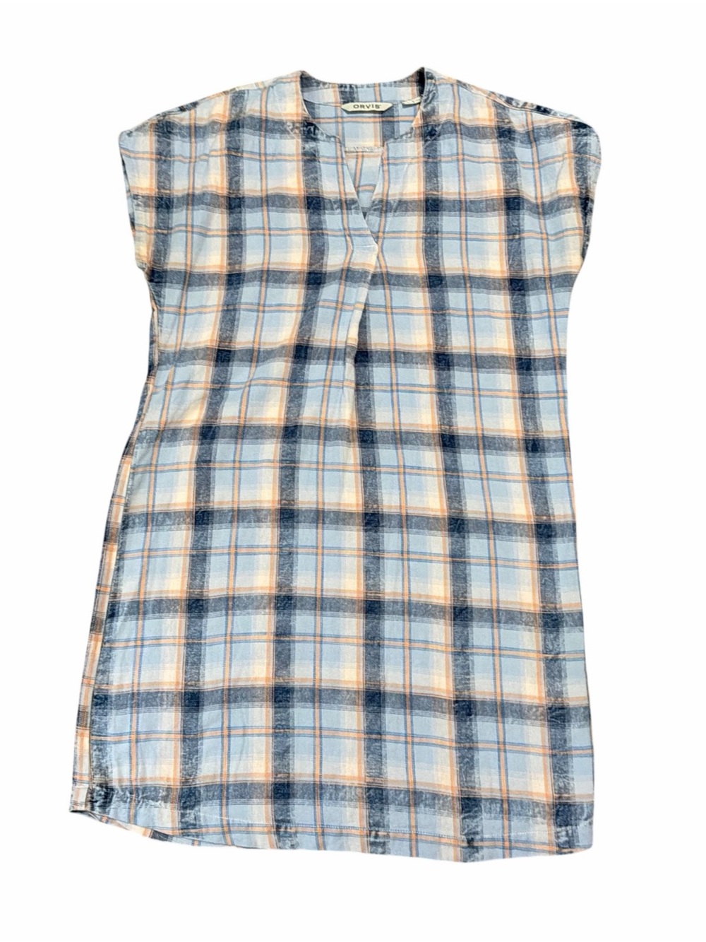 Orvis Blue Plaid Cotton Midi Dress with Cream and Navy short sleeve midi